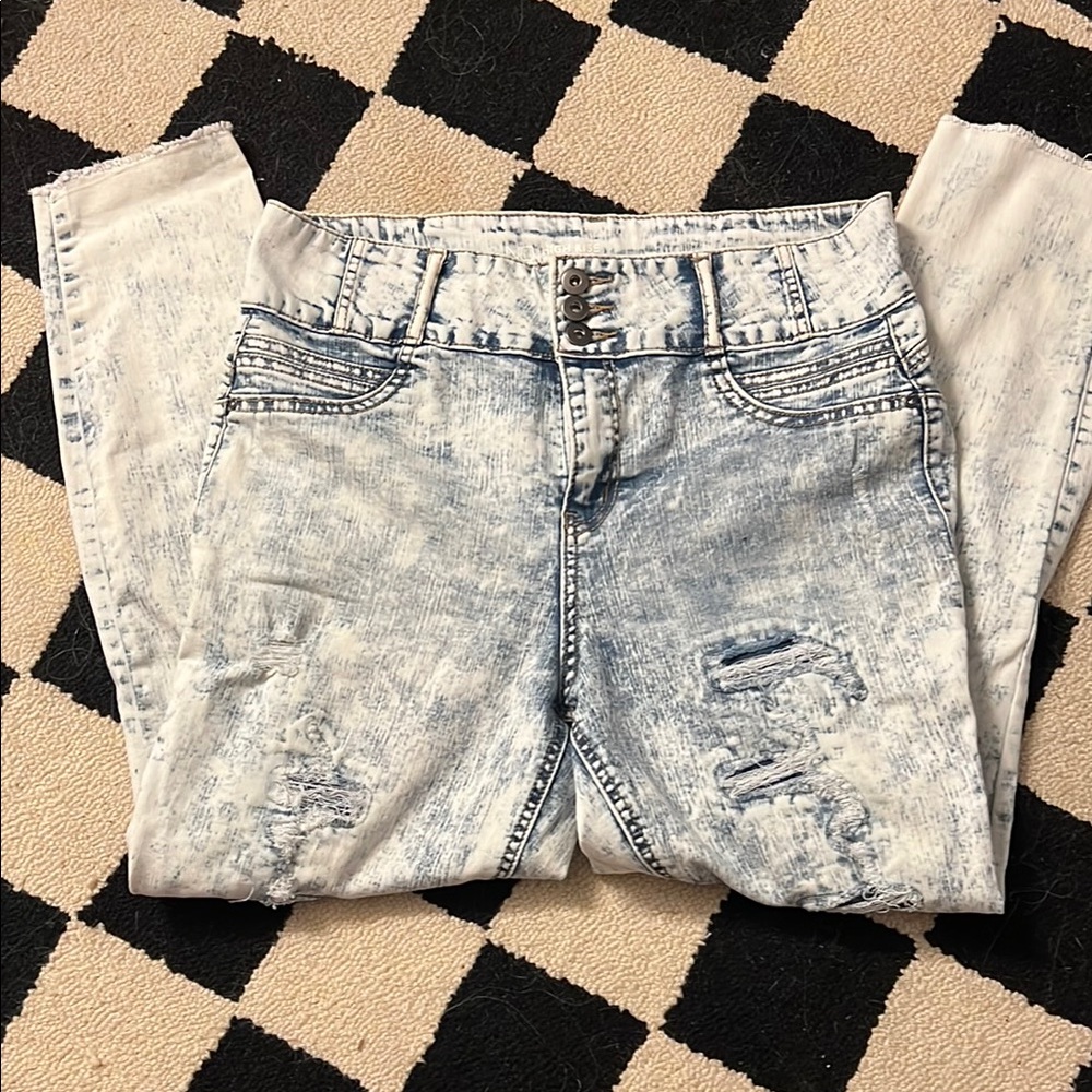 NOBO Straight Leg Blue and White Jeans with Distressed Acid Wash